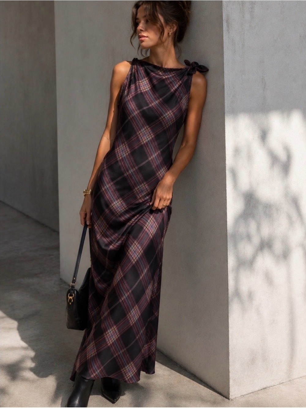 NWT Camila Coelho Plaid Tie Shoulder Maxi Dress L